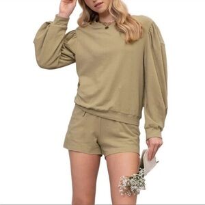 By The River Tan Lounge Set NWOT Size M Puff Sleeve Sweatshirt & Shorts